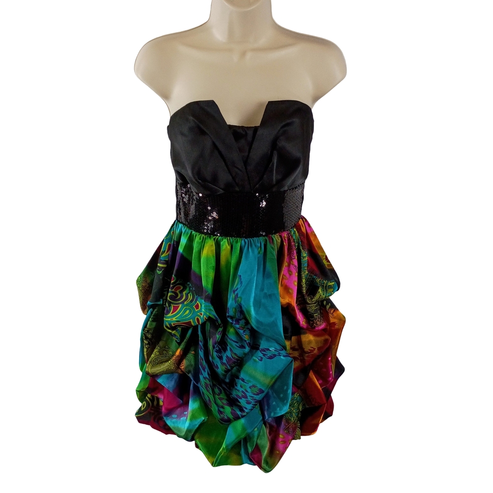 Studio Y Strapless Bubble Dress in Black with Multicolor Skirt
